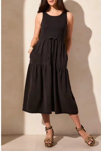 Tribal Mixmedia Sleeveless Boat Neck Tiered Midi Dress In Black