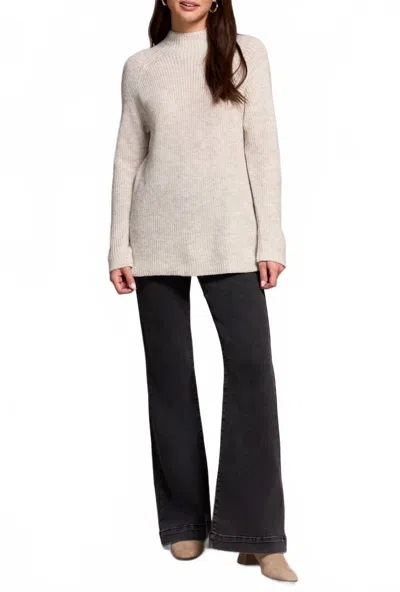 Tribal Mock Neck Heathered Knit Sweater With Side Slits In Cream In White