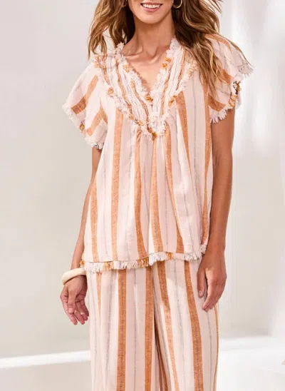 Tribal Textured Smocked V-neck Short-sleeve Blouse In Sahara Beige In Multi