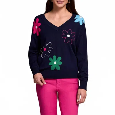 Tribal Night Fall V Neck Sweater In Blue Floral In Multi
