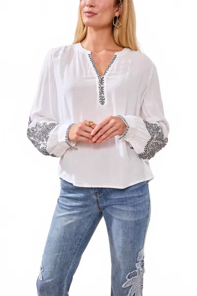 Tribal Notch Neck Embroidered Puff Sleeve Blouse In White