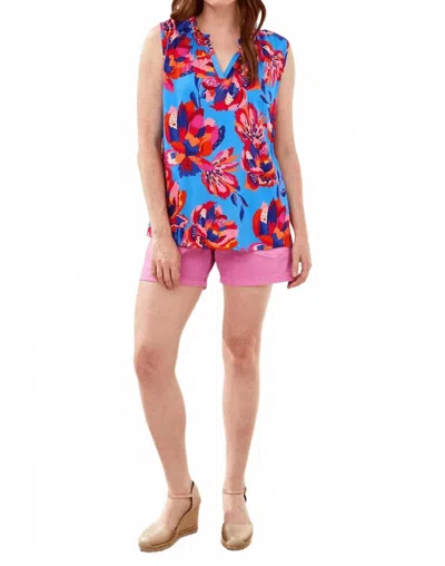 Tribal Notch Neck Frill Detail Printed Blouse In Turkish Sea In Multi