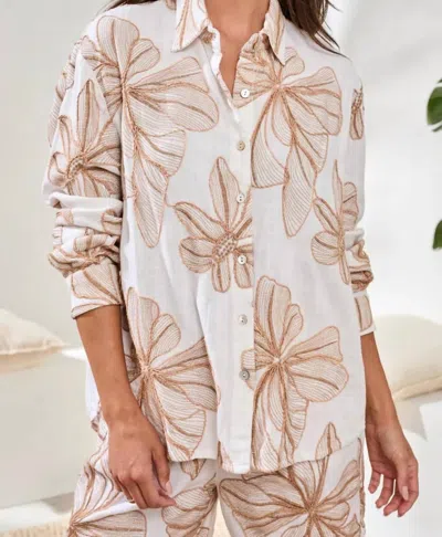 Tribal Oasis Long Sleeve Button Front Shirt In Beige Multi In White