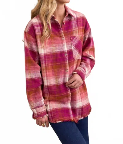 Tribal Oversized Flannel Fringed Hem Shirt In Plum Wine In Pink