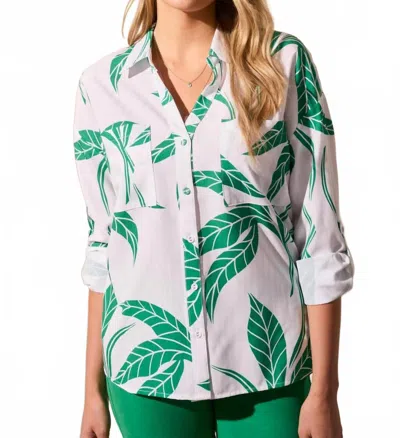 Tribal Palm Foliage Rolled Sleeve Campshirt Blouse In Green In White