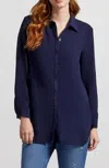 TRIBAL PEBBLED CREPE ROLL SLEEVE TUNIC IN NIGHTFALL