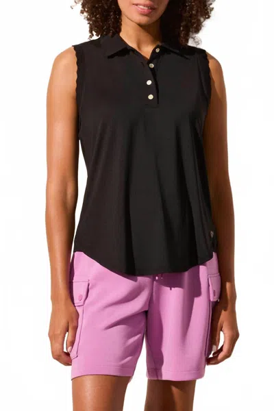 Tribal Performance Sleeveless Polo Top With Scallop-edge Rib In Black