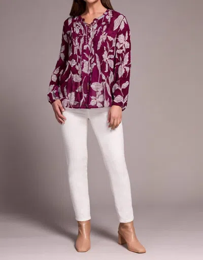 Tribal Pintuck Lace Up Blouse In Plum Wine In Multi
