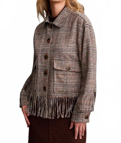 Tribal Plaid Crop Shacket With Fringe In Almond In Pink