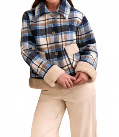 Tribal Plaid Jacket With Sherpa Trim And Lining In Sapphire In Multi