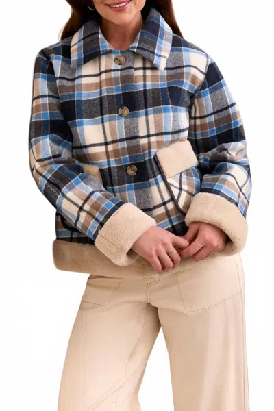 Tribal Plaid Jacket With Sherpa Trim And Lining In Sapphire In Blue