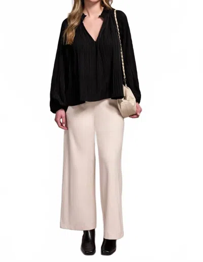 Tribal Pleated Ruffle Notch Collar Blouse In Black