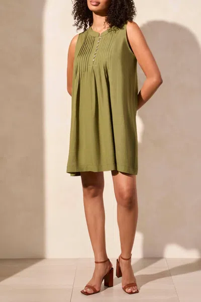 Tribal Linen Blend Pleated Sleeveless Dress In Loden In Green