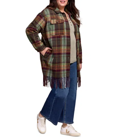 Tribal Plus Size Brushed Plaid Fringe-hem Button-front Shirt Jacket In Purple