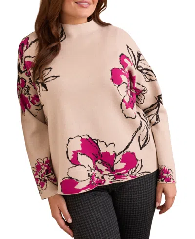 Tribal Plus Size Knit Jacquard Funnel Neck Sweater In Pink