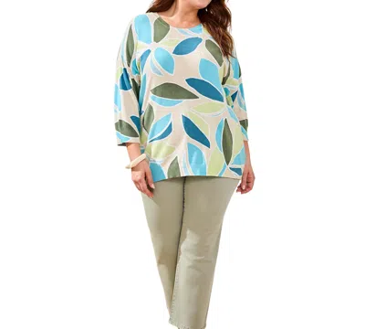 Tribal Plus Size Printed 3/4-sleeve Crew Neck Sweater In Blue