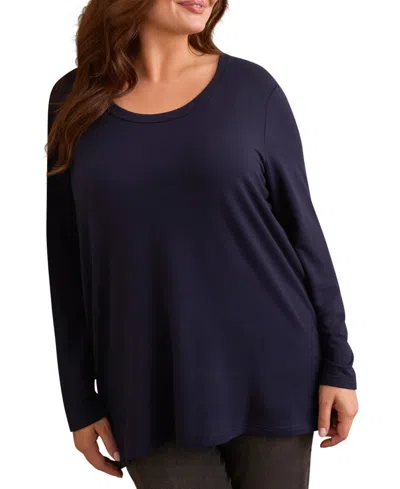 Tribal Plus Size Soft French Terry Scoop Neck Long Sleeve Top In Blue