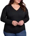 Tribal Plus Size Soft Shine Effect V-neck Drop Shoulder Top In Black