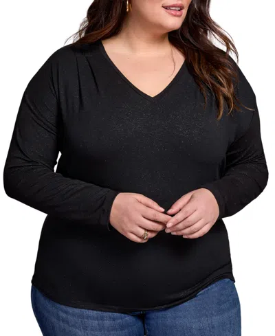 Tribal Plus Size Soft Shine Effect V-neck Drop Shoulder Top In Black