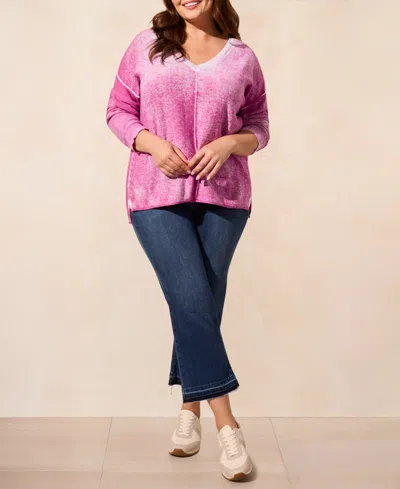 Tribal Plus Size Special Wash Long Sleeve V-neck Sweater In Pink