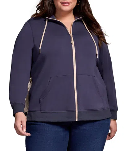 Tribal Plus Size Techno Lux Mock Neck Cardigan Vest Jacket In Blue