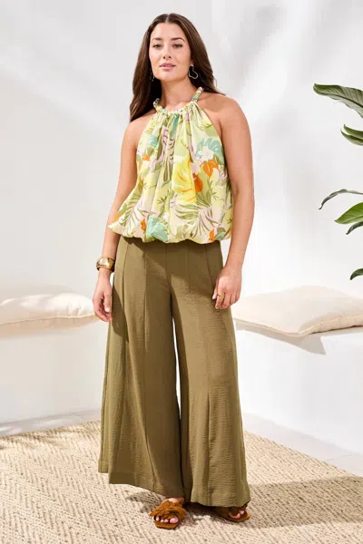 Tribal Polette Printed Bubble Hem Sleeveless Blouse With Braided Neckline In Kiwi Zest In Multi