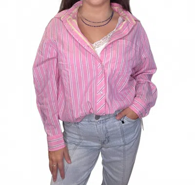 Tribal Poplin Double Stripe Roll Up Sleeve Top In Pink In Multi