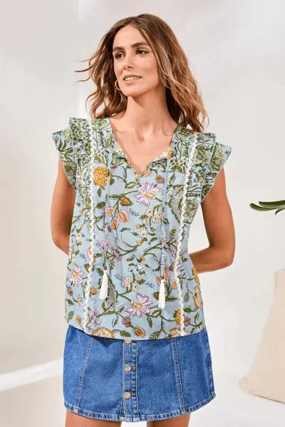 Tribal Poplin Frill Cap Sleeves Novelty Blouse In Rain Forest In Multi