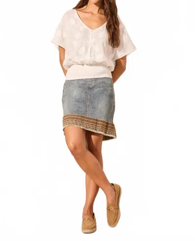Tribal Popover Button-front V-neck Blouse In White In Gray