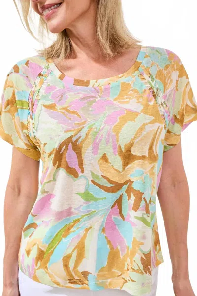 Tribal Printed Linen Scoop Neck Top With Pleating Detail In Wisteria In Multi