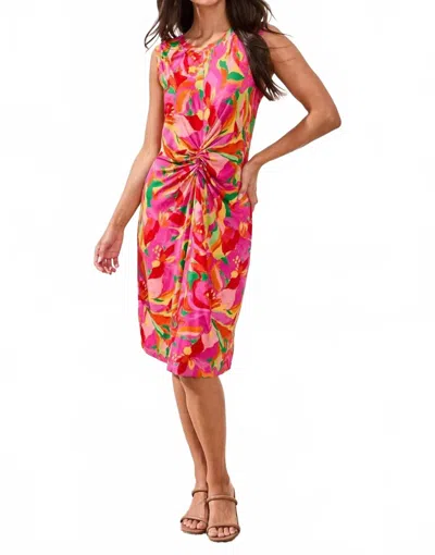 Tribal Printed Sleeveless Jersey V Neck Front Knot Dress In Pink Glow In Multi