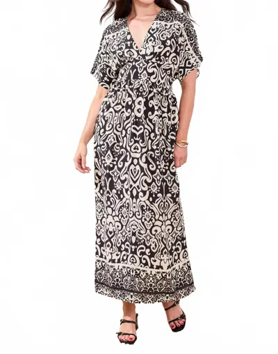 Tribal Printed Soft Challis V-neck Empire Waist Maxi Dress In Black