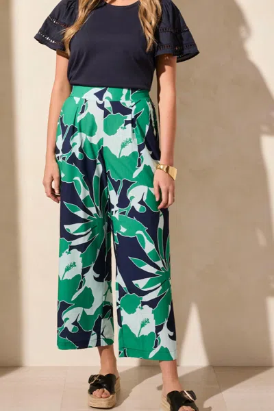 Tribal Foliage Print Wide Leg Pull On Ankle Pant In Kelly In Green