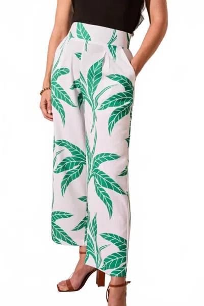 Tribal Pull-on Ankle Pants With Pleats In White & Green Floral Print In Multi