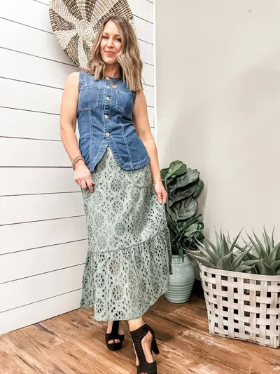 Tribal Pull On Skirt With Lining In Moss In Blue