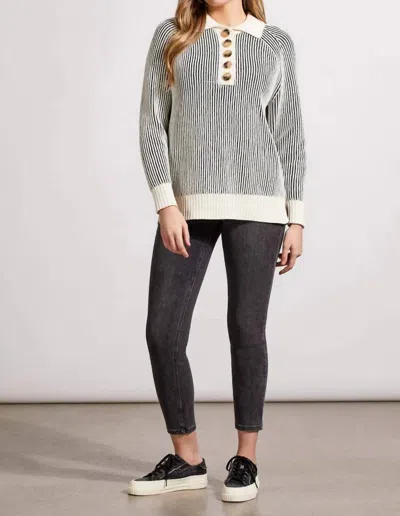Tribal Raglan Knit Polo Top Sweater In Black/white In Multi