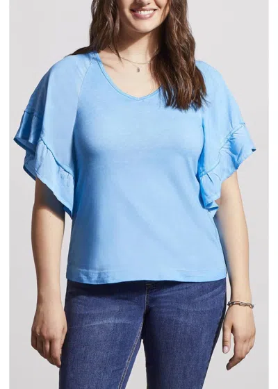 Tribal Raglan Pop Over V Neck Double Frill Short Sleeve Top In Blue
