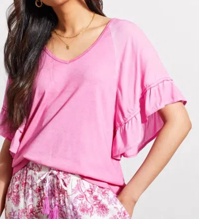 Tribal Raglan Pop Over V Neck Double Frill Short Sleeve Top In Hot Pink