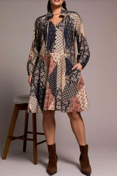 Tribal Raglan Sleeve Dress With Cut And Pockets In Almond Latte In Multi