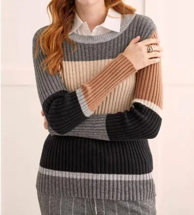 Tribal Ribbed Color Block Crew Neck Sweater In Charcoal In Multi
