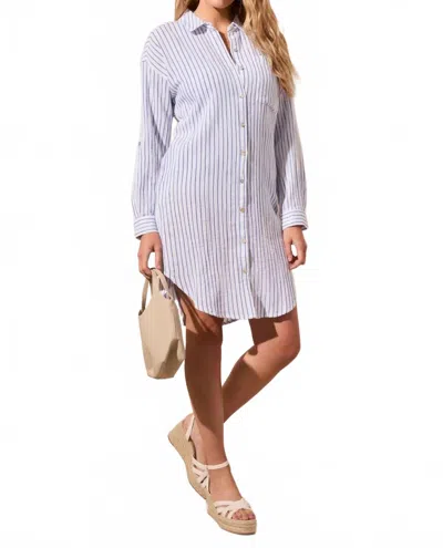 Tribal Rolled Sleeve Button Front Shirt Dress In Riviera In Blue