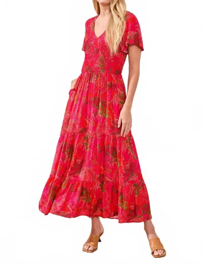 Tribal Ruched-top Short Sleeve Maxi Dress In Sangria In Red
