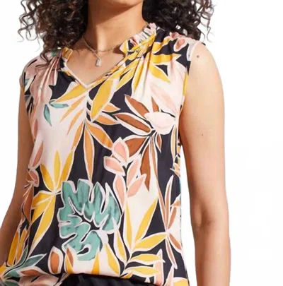 Tribal Ruffle Neck Sleeveless Floral Blouse In Apricot Tan In Multi