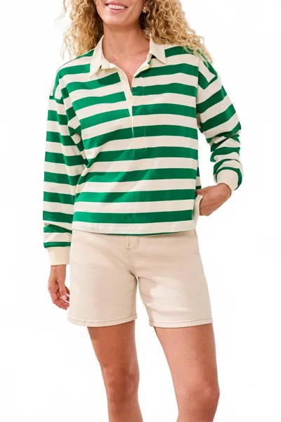 Tribal Cotton Stripe Long Sleeve Collared Polo Shirt In Mojito In Multi