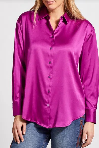 Tribal Satin Button Down Long Sleeve Top In Magenta In Purple
