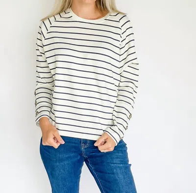 Tribal Scuba Knit Button-sleeve Crew Neck Top In Navy Stripe In Neutral
