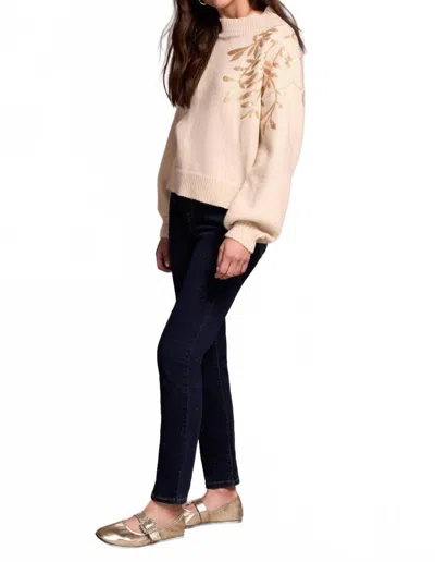 Tribal Sequin Floral Applique Mock Neck Sweater In Latte In Beige