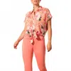 Tribal Shirred Button Front Top In Teaberry In Brown