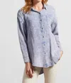 TRIBAL SHIRTTAIL BUTTON DOWN BLOUSE IN BLUE QUILT