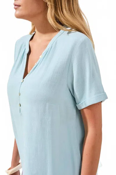 Tribal Short Sleeve Blouse With Buttoned Placket In Ltaquasky-3332 In Blue